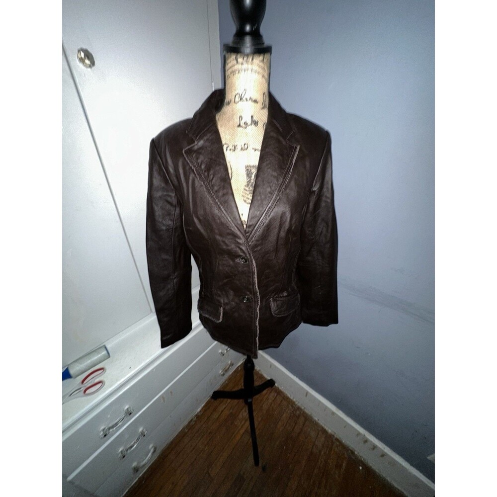 Jaclyn Smith Brown Leather Jacket Button Scalloped Detail Long Sleeve Size 12